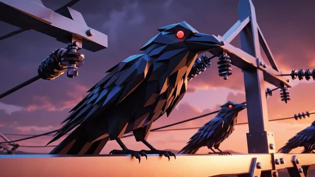 Two large crows perched on power lines at dusk with a vibrant orange sky