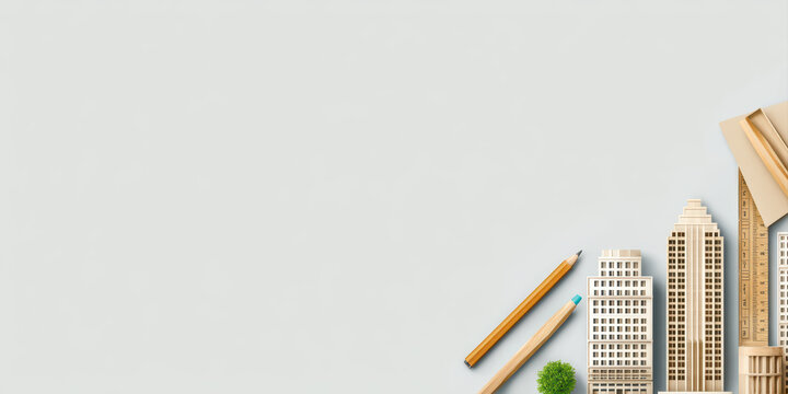 Minimal property development concept with wooden building models, pencils, ruler, and small green plant on light background, creative flat lay for architecture design