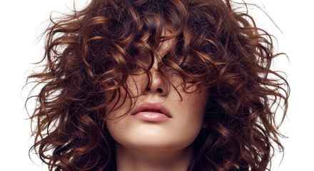Fototapeta premium Woman with voluminous curly brown hair obscuring her face, studio portrait