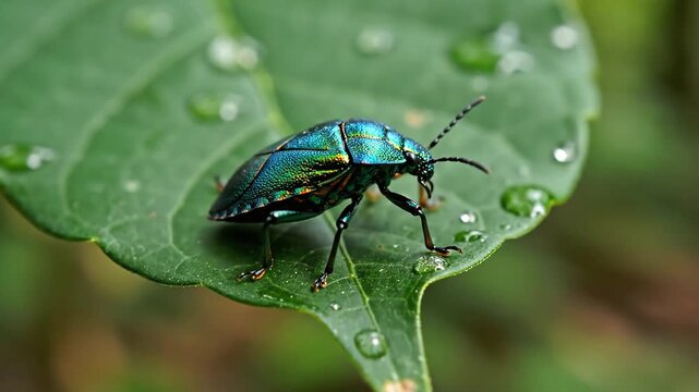 Close-up of a vibrant metallic green jewel beetle resting on a lush green leaf covered in sparkling water droplets after a gentle rain shower in a natural forest setting.