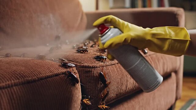 Pest Control Service Eradicating Bed Bugs from Sofa.