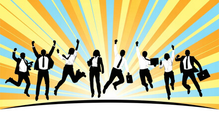 Diverse group of business people celebrating success with arms raised.