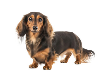 Long-haired dachshund with beautiful brown and black fur stands attentively on a black background