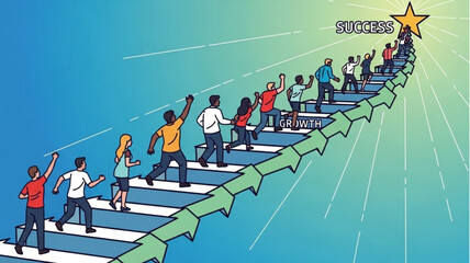 Obraz premium Diverse group of people climbing stairs towards success star.