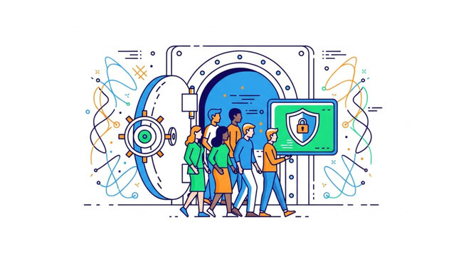 Diverse group of people standing in front of a large vault door with a security shield icon.