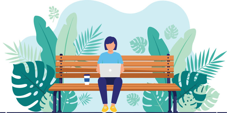 Freelancer Working on Laptop Sitting on Park Bench Vector Illustration