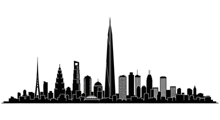 Fototapeta premium A striking black and white silhouette of a modern city skyline with a prominent skyscraper