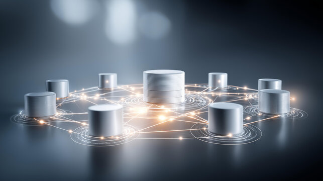 Image of centralized data storage facility, encircled network nodes data management, cloud computing representing, digital infrastructure visualization, with copy space