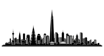 A striking black and white silhouette of a modern city skyline with a prominent central tower