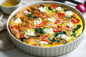 Baked Frittata with Roasted Red Peppers, Spinach, Caramelized Onions and Goat Cheese