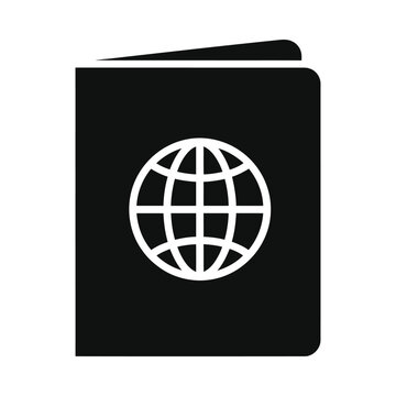 Black passport with white globe icon on cover, ui elements