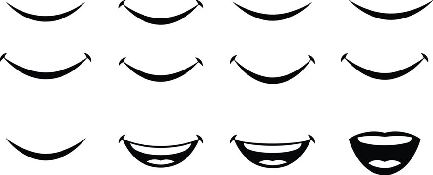 Grid of stylized mouth illustrations showing progressive smile stages, from subtle curve to wide open expression, symbolizing emotions, facial animation, character design, and communication