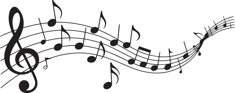 Music notes wave. Flowing musical staff lines with notes, clefs and melody rhythm patterns in dynamic circular, spiral and wavy shapes. Elegant swirling compositions for music posters. Vector