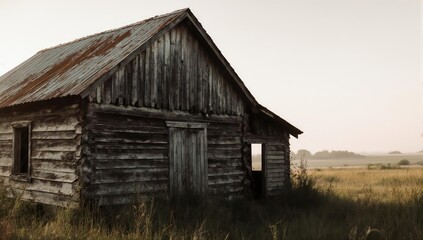 Obraz premium Old, weathered wooden shack in a field, bathed in soft, warm light