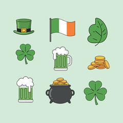 St. Patrick&rsquo;s Day Vector Icon Set with Leprechaun Hat, Irish Flag, Green Beer, and Pot of Gold