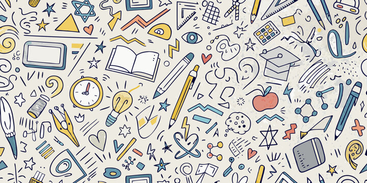 Colorful doodle pattern featuring school supplies and academic symbols