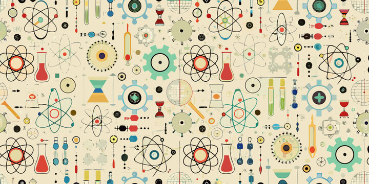 A colorful seamless pattern of science and chemistry related icons
