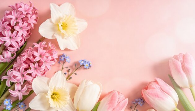 Soft pastel spring flowers including hyacinths, daffodils, tulips, and forget-me-nots on pink