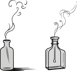 Minimalist horror line art, bold outline, small potion bottle with minimal smoke rising upward 1