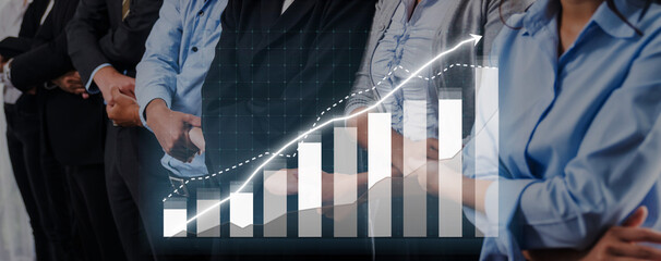 A group of professionals in business attire stands together, symbolizing teamwork, with an overlay of a financial growth chart representing success in the workplace. Axiom © InfiniteFlow