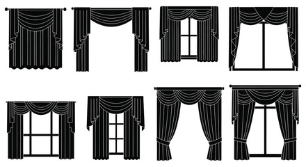 Variety of window curtain designs displayed in a stark black silhouette © MdAbulBasher