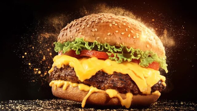 colorful, tasty meat burger with fire in background, fast food concept