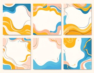 Set of six colorful abstract designs. Various shapes and colors are set upon white space. The style is modern