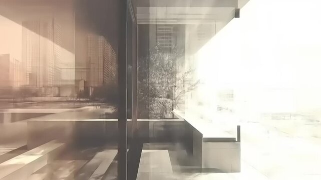 Serene architectural rendering showcases the intersection of light, shadow, and modern design elements throughout the entire composition