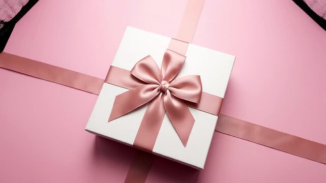 Cinematic slow motion video footage captures a beautifully wrapped white gift box tied with a luxurious satin rose gold bow resting on a soft pink surface for holidays.