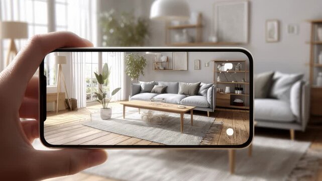 phone framing cozy living room interior with hand holding phone capturing modern scandinavian sofa, wooden coffee table, textured rug, potted plant, warm