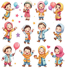 Children celebration vector illustration with colorful attire balloons cupcakes stars hearts joyful expressions cultural festive diversity unity