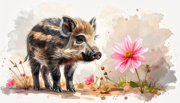 Wildschwein-Frischling mit Blume