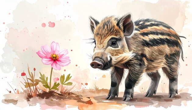 Wildschwein-Frischling mit Blume