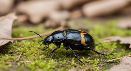 Macro Profile of a Black Ground Beetle with Orange Markings on Mossy Forest Floor