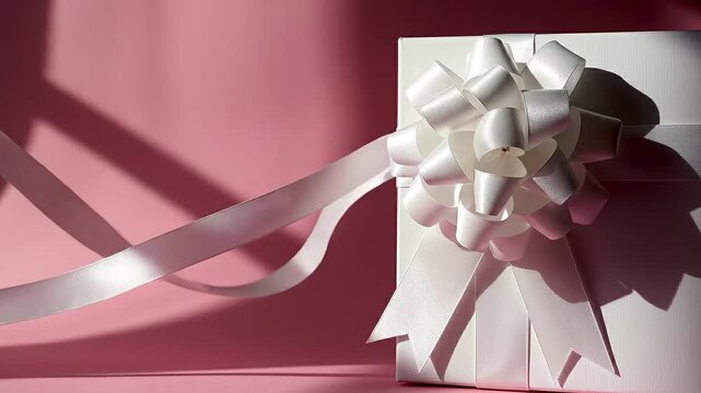 Cinematic video footage captures a sparkling white gift box tied with a luxurious satin bow against pink