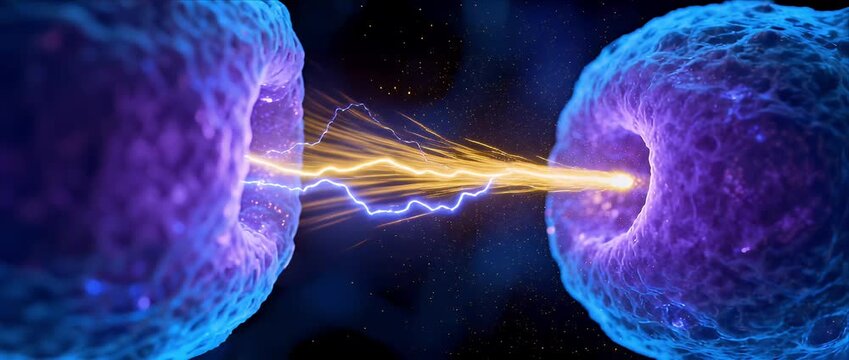Pure energy science background electric arc neuron cell blue light electricity spark technology medical abstract art concept with glowing neuron synapse connection energy background electric arc