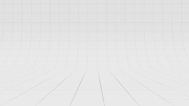 Clean minimalist white studio background with a gray 3D curved floor grid moving from right to left. Seamless loop animation for presentations, technology displays, blueprints, and product staging