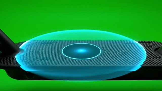 Close-up of sleek wireless device with glowing blue button on green screen background
