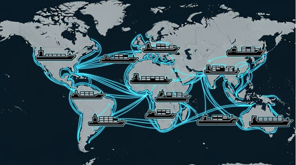 Global shipping routes connecting continents with cargo ships. © arjuna davin