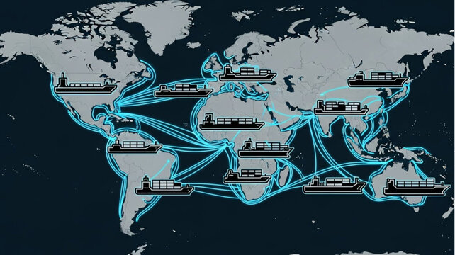 Global shipping routes connecting continents with cargo ships.
