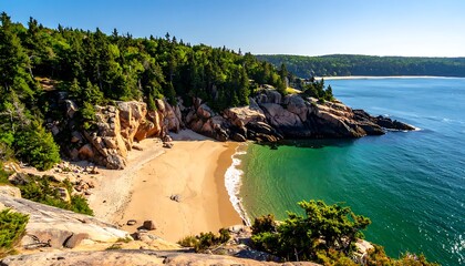 Obraz premium Rocky beach, calm teal waters, sandstone cliffs with lush trees on a sunny day, inviting tranquility and scenic beauty