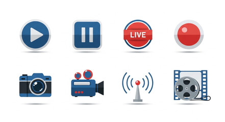 Collection of media and technology icons on white background.