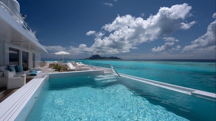 Fototapeta premium Luxury yacht swimming pool with ocean views and tropical island scenery