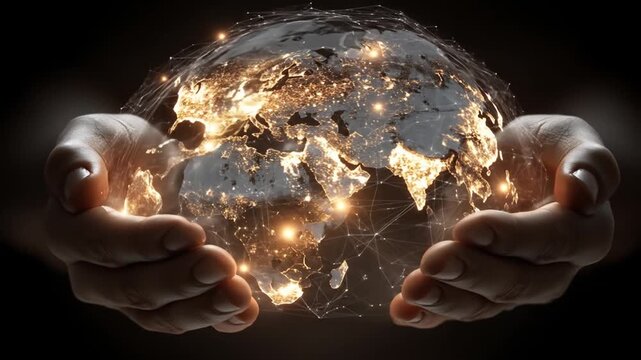 Human hands cradling a glowing Earth globe with interconnected network lights, representing global technology and communication
