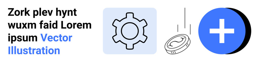 Obraz premium Gear icon for process, coin for finance and investment, plus symbol for addition or growth. Ideal for business, technology, strategy, innovation, finance, teamwork and simple landing page