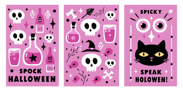 A triptych of spooky halloween themed illustrations in pink and black
