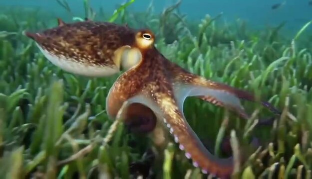 An octopus crawling gracefully over a stretch of seagrass on the seabed.