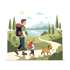 Fototapeta premium Father and child hiking with dog on scenic mountain trail