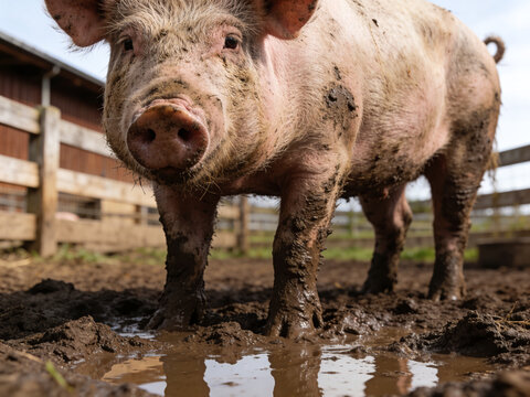Pig Examines Puddle With Curious Eyes. Close View Of Pig Investigating Muddy Water With Expressive Face