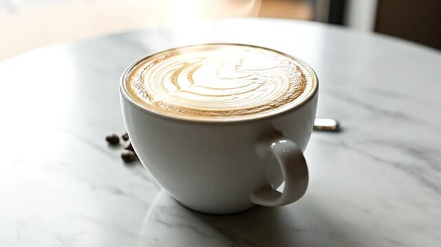 A creamy latte with artistic foam in a cozy cafe setting.